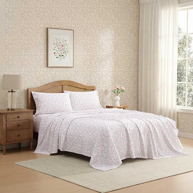 Elegant Laura Ashley – King Sheet Set Crisp amp Cool Cotton Percale Bedding for Year Round Comfort Deep Pocket Bed Sheets with Matching Pillowcases Blossom Bliss Pink Outstanding