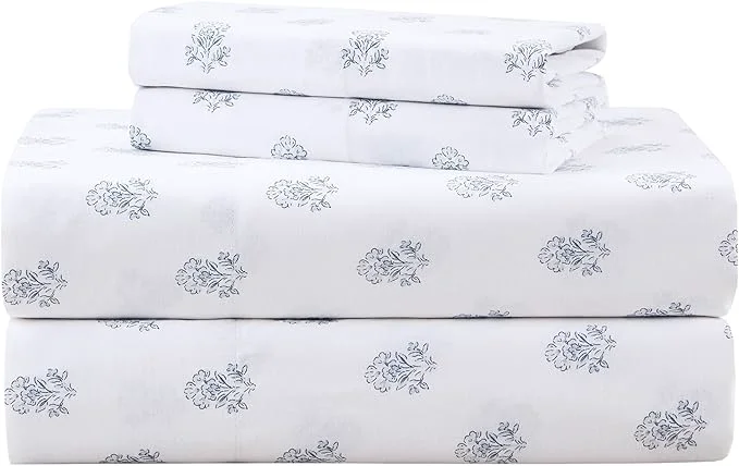 Casual Comfort Spaces Cotton Sheets King Breathable Naturally Cool Cotton Sheets Soft Cotton Bed Sheets with 14 quot Elastic Pocket Fits up to 16 quot Mattress All Seasons Sheet Set Floral Blue 4 Piece Easy-to-Use