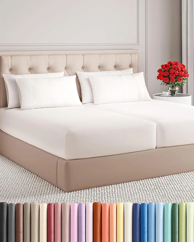 Consistent Split King 7 Piece Sheet Set – Comfy Breathable amp Cooling – Soft Hotel Luxury Bedding Set w 8-16 Inch Deep Pockets – 1 Flat amp 2 Fitted Sheet amp 4 Pillowcases – Wrinkle amp Easy Care – Antique White Green