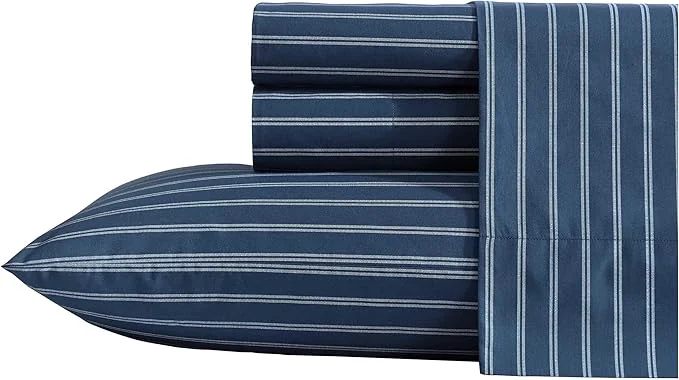 Next-Generation Nautica – Queen Sheets Premium Cotton Percale Bedding Set Striped Home Decor Oeko-Tex Richmond Stripe Blue Queen Solid