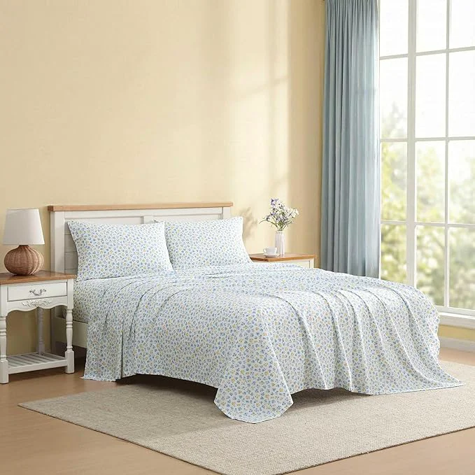 Secure Laura Ashley – King Sheet Set Crisp amp Cool Cotton Percale Bedding for Year Round Comfort Deep Pocket Bed Sheets with Matching Pillowcases Ditsy Doodle Blue Organic