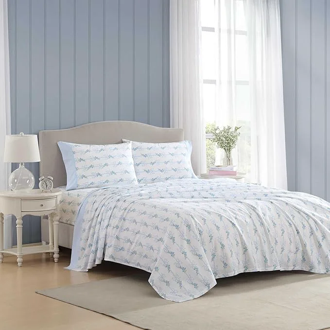 Top-Quality Laura Ashley – Full Sheet Set Crisp amp Cool Cotton Percale Bedding with Deep Pockets Lightweight for Year Round Comfort Bed Sheets with Matching Pillowcases Floral Ribbon Blue Authentic