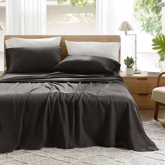Refined Comfort Spaces Cotton Sheets Queen Breathable Ultra Soft Cotton Sheets Naturally Cool Cotton Bed Sheets with 14 quot Elastic Pocket Fits up to 16 quot Mattress All Season Sheet Set Black 4 Piece Detailed