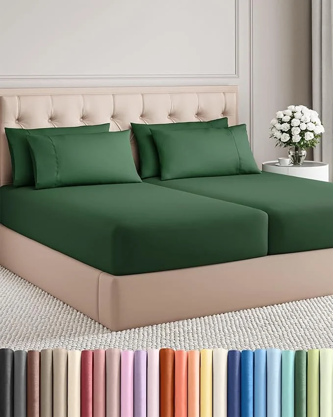Fashionable Split King 7 Piece Sheet Set – Comfy Breathable amp Cooling – Ultra Soft Hotel Luxury Bedding Set w 8-16 Inch Deep Pockets – 1 Flat amp 2 Fitted Sheet amp 4 Pillowcases – Wrinkle amp Easy Care – Emerald Minimalist