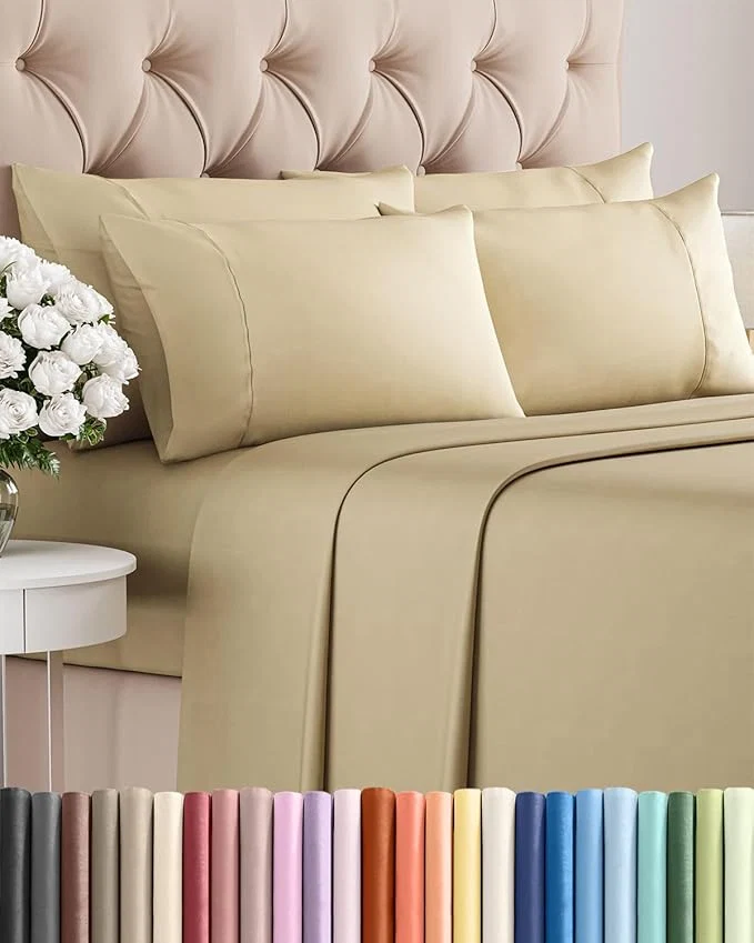 Official Full 6 Piece Sheet Set – Comfy Breathable amp Cooling – Ultra Soft Hotel Luxury Bedding Set with 8-16 Inch Deep Pockets – 1 Flat amp 1 Fitted Sheet amp 4 Pillowcases – Cozy Wrinkle amp Easy Care – Beige Enhanced