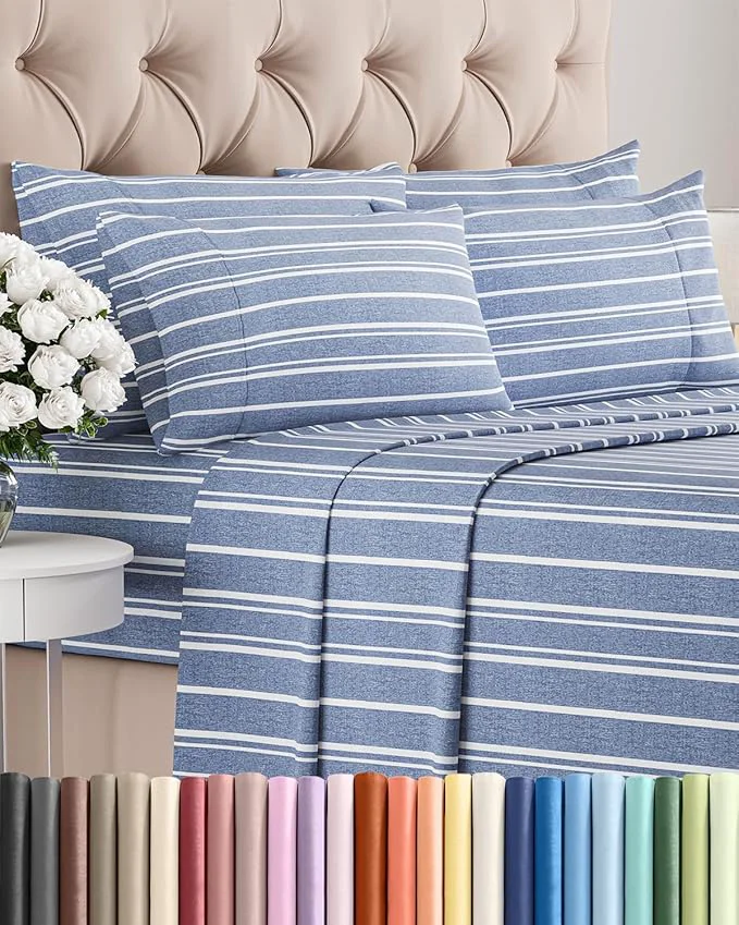 Professional Full 6 Piece Sheet Set – Comfy Breathable amp Cooling – Soft Hotel Luxury Bedding Set with 8-16 Inch Deep Pockets – 1 Flat amp 1 Fitted Sheet amp 4 Pillowcases – Wrinkle amp Easy Care – Blue Stripes 3 Authentic