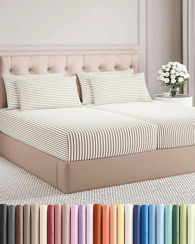 First-Class Split King 7 Piece Sheet Set – Comfy Breathable amp Cooling – Soft Hotel Luxury Bedding Set w 8-16 Inch Deep Pockets – 1 Flat amp 2 Fitted Sheet amp 4 Pillowcases – Cozy amp Wrinkle – Beige Stripes 2 Powerful
