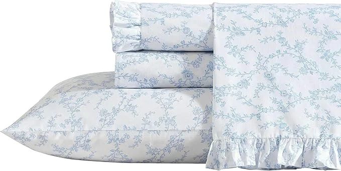 Next-Generation Laura Ashley – Full Sheet Set Breathable Percale Cotton Bedding 200 Thread Count Floral Home Decor Victoria Blue Full Genuine