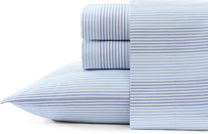 Authentic Tommy Bahama – Twin Sheet Set Crisp amp Cool Cotton Percale Bed Sheets Deep Pockets Striped Bedding with Matching Fitted Sheet amp Pillowcase Bahama Weekend Stripe Blue High-Quality