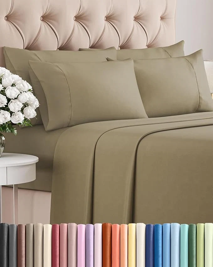 Certified Full 6 Piece Sheet Set – Comfy Breathable amp Cooling – Ultra Soft Hotel Luxury Bedding Set with 8-16 Inch Deep Pockets – 1 Flat amp 1 Fitted Sheet amp 4 Pillowcases – Cozy Wrinkle amp Easy Care – Khaki High-Quality
