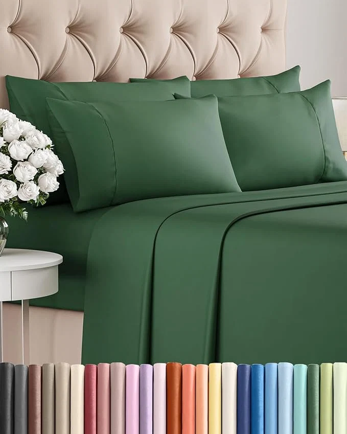 Prestigious Cal King 6 Piece Sheet Set – Comfy Breathable amp Cooling – Ultra-Soft Hotel Luxury Bedding Set w 8-16 Inch Deep Pockets – 1 Flat amp 1 Fitted Sheet amp 4 Pillowcases – Wrinkle amp Easy Care – Emerald Flexible