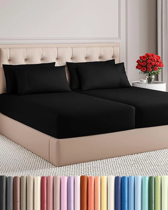 Smart Split King 7 Piece Sheet Set – Comfy Breathable amp Cooling – Ultra-Soft Hotel Luxury Bedding Set w 8-16 Inch Deep Pockets – 1 Flat amp 2 Fitted Sheet amp 4 Pillowcases – Wrinkle amp Easy Care – Black Efficient