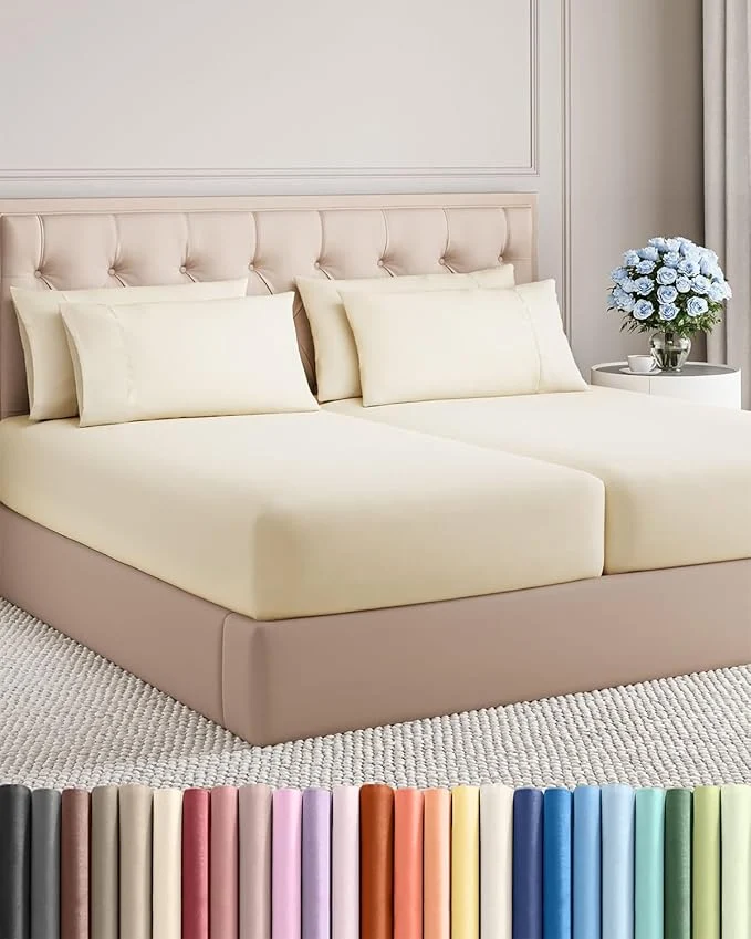 Casual Split King 7 Piece Sheet Set – Comfy Breathable amp Cooling – Soft Hotel Luxury Bedding Set with 8-16 Inch Deep Pockets – 1 Flat amp 2 Fitted Sheet amp 4 Pillowcases – Wrinkle amp Easy Care – Off White High-Quality