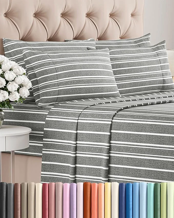 Smooth Cal King 6 Piece Sheet Set – Comfy Breathable amp Cooling – Soft Hotel Luxury Bedding Set w 8-16 Inch Deep Pockets – 1 Flat amp 1 Fitted Sheet amp 4 Pillowcases – Wrinkle amp Easy Care – Grey Stripes 3 Flexible