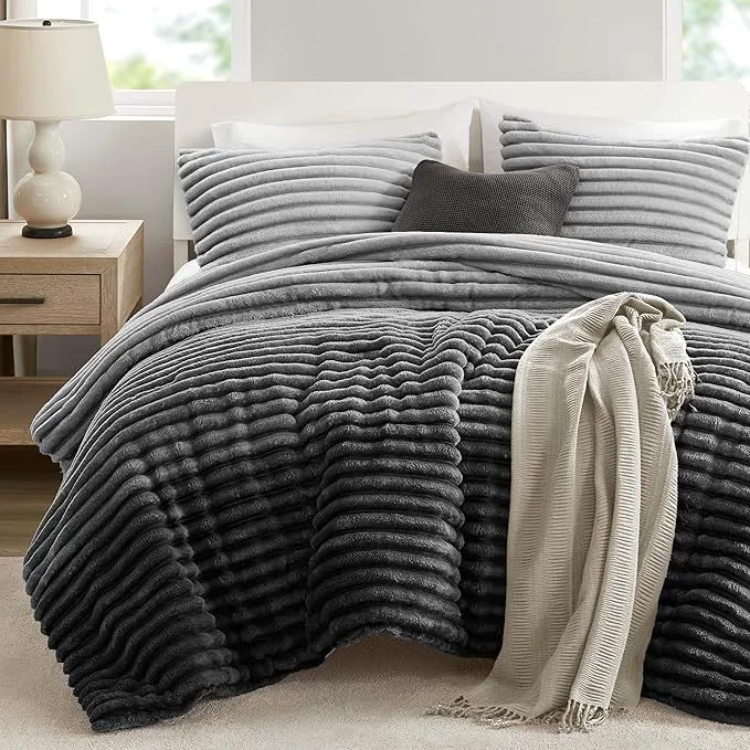 Smart Intelligent Design King Comforter Set Plush Bedding Microfiber Reverse 3 Piece Lightweight Super Soft Ribbed Velvet Comforter 2 Shams All Season Fluffy Bed Set Avril King Cal King Grey Ombre Advanced