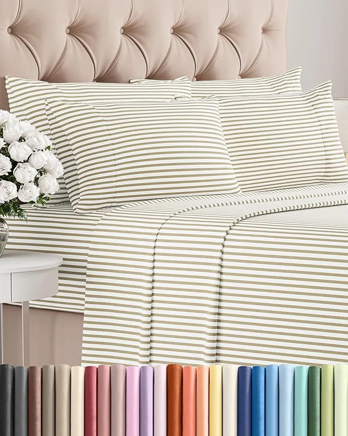 Artisan Full 6 Piece Sheet Set – Comfy Breathable amp Cooling – Soft Hotel Luxury Bedding Set with 8-16 Inch Deep Pockets – 1 Flat amp 1 Fitted Sheet amp 4 Pillowcases – Wrinkle amp Easy Care – Beige Stripes 2 Eco-Friendly