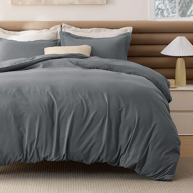Environmentally Friendly Bedsure Removable Cover with Comforter Duvet Insert King - 4 Pieces Dark Gray Prewashed Soft Bedding Set for All Seasons Use Includes 1 Duvet Cover 1 Comforter 2 Pillow Shams Relaxed