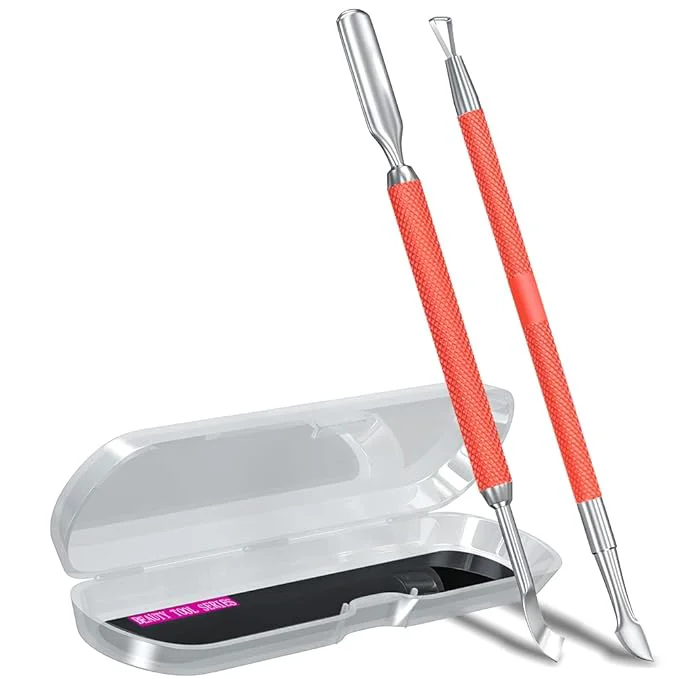 Smooth 2PCS Metal Red Cuticle Pusher and Cutter Remover Salon Quality Stainless Steel Flexible