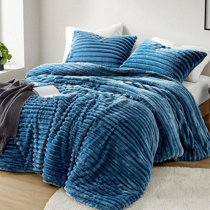 Relaxed Intelligent Design King Comforter Set Cozy Plush Bedding Microfiber Reverse 3 Piece Lightweight Super Soft Ribbed Velvet Comforter 2 Shams All Season Fluffy Bed Set Avril King Cal King Blue Durable