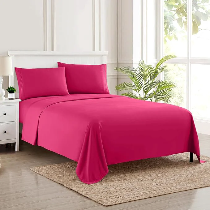 Elite California King Size Sheet Set with Built-in Sheet Straps – Deep Pocket Fitted Sheet Flat Sheet amp Pillowcases – Soft Wrinkle- Secure Fit – Fuschia Advanced
