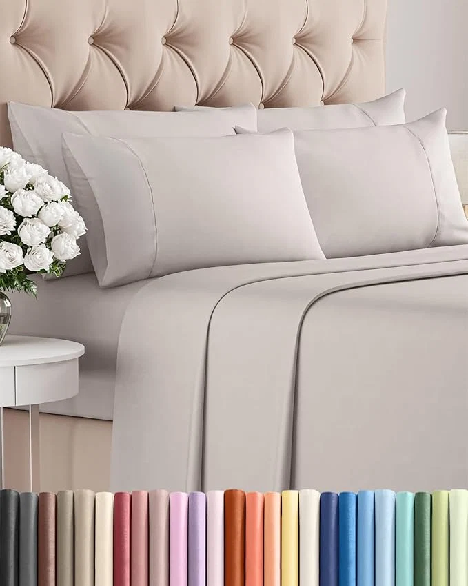 Reusable Cal King 6 Piece Sheet Set – Comfy Breathable amp Cooling – Soft Hotel Luxury Bedding Set with 8-16 Inch Deep Pockets – 1 Flat amp 1 Fitted Sheet amp 4 Pillowcases – Wrinkle amp Easy Care – Light Grey Recyclable