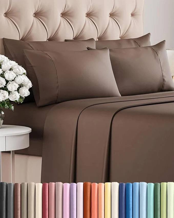 Smart Cal King 6 Piece Sheet Set – Comfy Breathable amp Cooling – Ultra-Soft Hotel Luxury Bedding Set with 8-16 Inch Deep Pockets – 1 Flat amp 1 Fitted Sheet amp 4 Pillowcases – Wrinkle amp Easy Care – Brown Organic