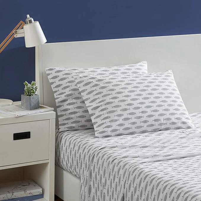 Green Nautica- King Sheet Set Cotton Percale Bedding Set Crisp amp Cool Lightweight amp Breathable Woodblock Fish Grey King Next-Generation