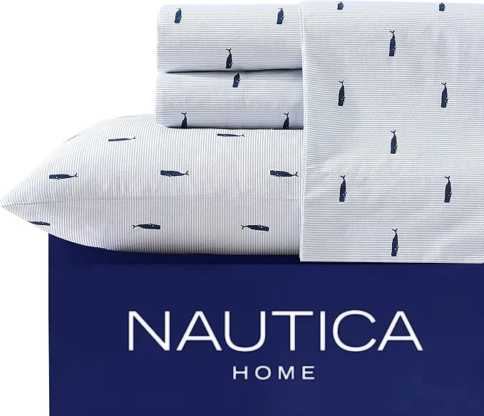 World-Class Nautica – Queen Sheets Cotton Percale Bedding Set Crisp amp Cool Coastal Home Decor Whale Stripe Blue Queen Contemporary