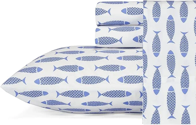 Clean Nautica – Full Size Sheet Set Crisp amp Cool Cotton Percale Bedding with a Lightweight amp Breathable Feel Bed Sheets with Fitted Sheet amp Matching Pillowcases Woodblock Fish Blue Specialty