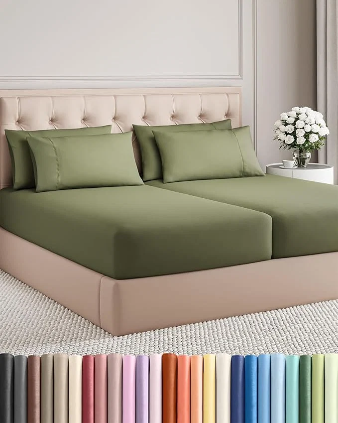 Innovative Split King 7 Piece Sheet Set – Comfy Breathable amp Cooling – Soft Hotel Luxury Bedding Set with 8-16 Inch Deep Pockets – 1 Flat amp 2 Fitted Sheet amp 4 Pillowcases – Wrinkle amp Easy Care – Sage Green Original Design