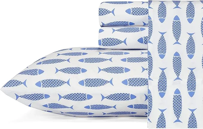 Prestigious Nautica – Queen Sheets Cotton Percale Bedding Set Crisp amp Cool Coastal Home Decor Woodblock Fish Blue Queen Secure