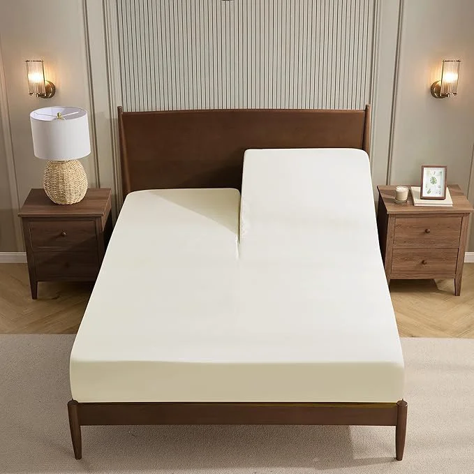 Official Split Head King Sheets Set for Adjustable Beds 4 Piece Flex Top Bed Sheets – Deep Pocket Split Top Fitted Sheet with Built-in Corner Straps Luxury Soft Cooling Bedding Wrinkle Resistant Ivory Effective
