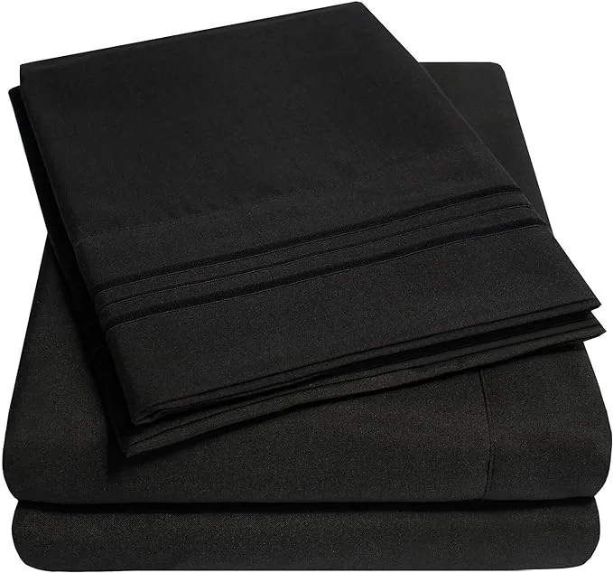Breathable 1500 Supreme Collection Full Sheet Sets Black – Luxury Hotel Bed Sheets and Pillowcase Set for Full Mattress – Extra Soft Elastic Corner Straps Deep Pocket Sheets Full Black Premium