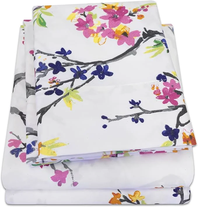 Natural 1500 Supreme Collection Extra Soft Botanical Bright Whimsical Watercolor Pattern Sheet Set King – Luxury Bed Sheets Set with Deep Pocket Wrinkle Bedding Printed Pattern King Enhanced