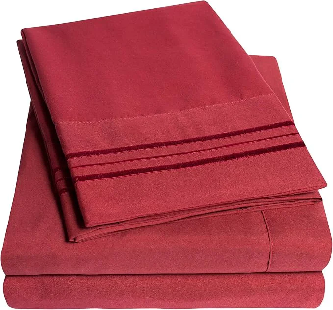 Lightweight 1500 Supreme Collection Full Sheet Sets Burgundy – Luxury Hotel Bed Sheets and Pillowcase Set for Full Mattress – Extra Soft Elastic Corner Straps Deep Pocket Sheets Full Burgundy Refined