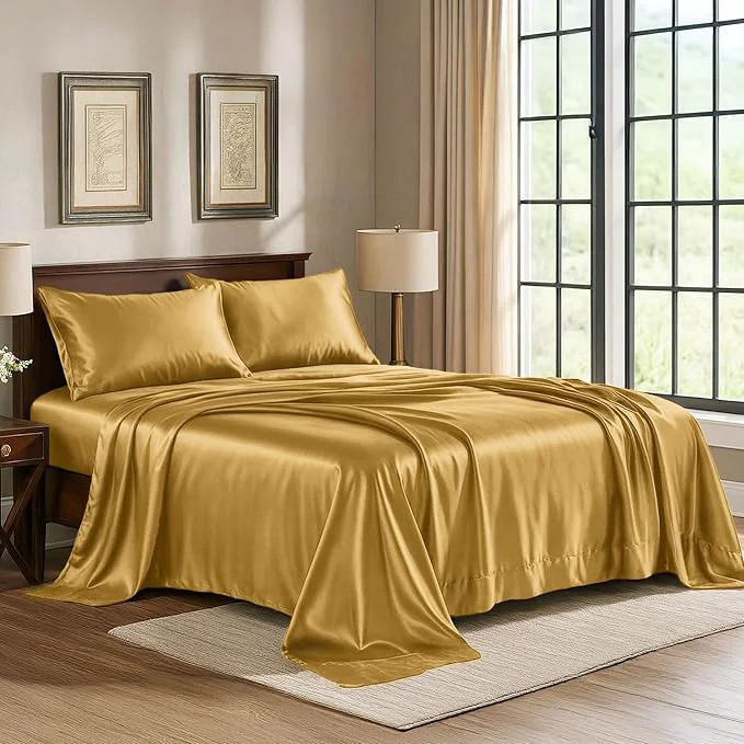 High-Quality Satin Sheets King 4-Piece Gold Hotel Luxury Silky Bed Sheets – Extra Soft 1800 Microfiber Sheet Set Wrinkle Fade Stain Resistant – Deep Pocket Fitted Sheet Flat Sheet Pillow Cases Casual