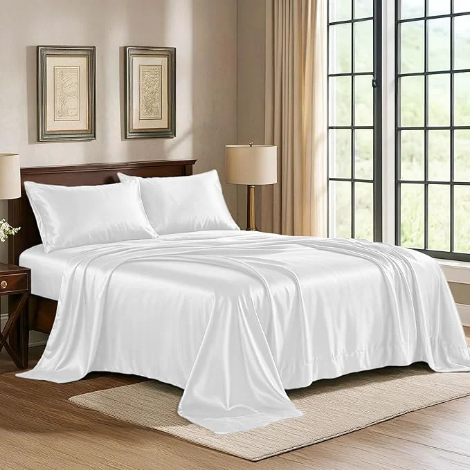 Fine Satin Sheets King 4-Piece White Hotel Luxury Silky Bed Sheets – Extra Soft 1800 Microfiber Sheet Set Wrinkle Fade Stain Resistant – Deep Pocket Fitted Sheet Flat Sheet Pillow Cases Authentic