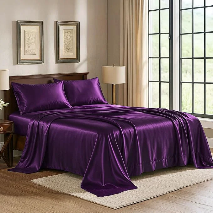 Smart Satin Sheets King 4-Piece Purple Hotel Luxury Silky Bed Sheets – Extra Soft 1800 Microfiber Sheet Set Wrinkle Fade Stain Resistant – Deep Pocket Fitted Sheet Flat Sheet Pillow Cases Recyclable