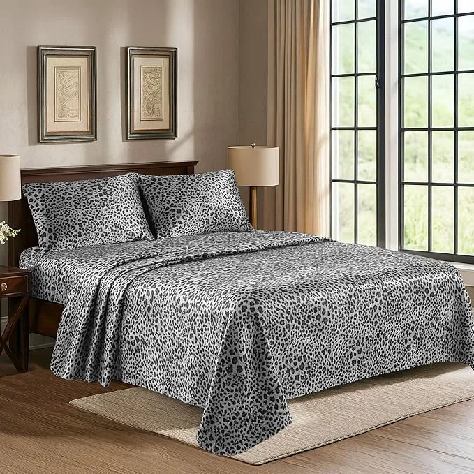 Classic Satin Sheets King 4-Piece Silver Leopard Hotel Luxury Silky Bed Sheets – Extra Soft 1800 Microfiber Sheet Set Wrinkle Fade Stain Resistant – Deep Pocket Fitted Sheet Flat Sheet Pillow Cases Specialty