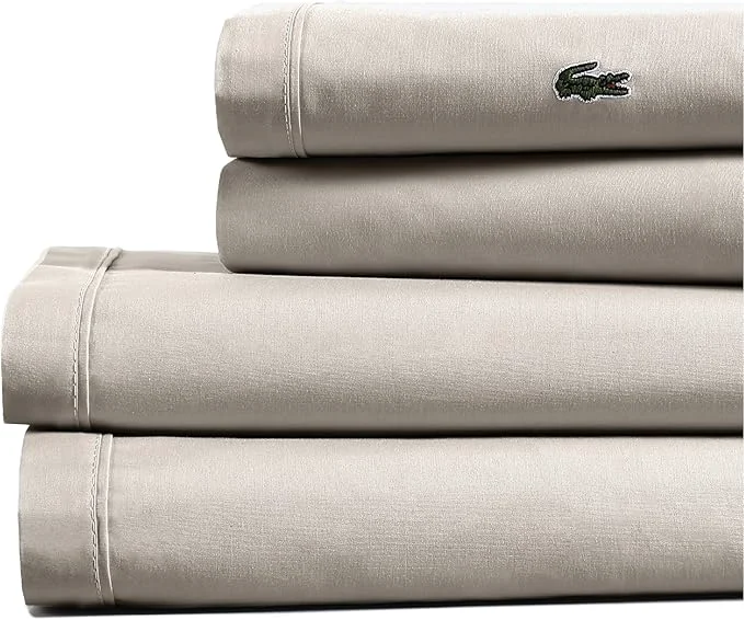 Proven Lacoste Cotton Percale 3-Piece Sheet Set – Cool Crisp Matte and Durable Oeko-Tex – Solid Pumice Stone Twin Specialty