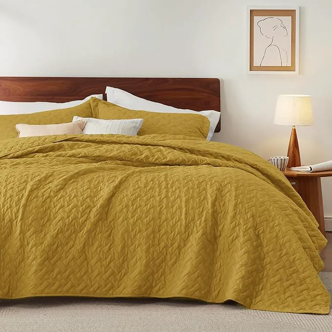 Eco-Friendly Bedsure Quilts King Size – Lightweight Bedspreads King Size with Basket Weave Pattern Soft Quilt Bedding Set Mustard Yellow Comforter Set Coverlet for All Seasons with 2 Pillow Shams 106 quot x 96 quot Skin-Friendly Soft All-Season Comfort Breathable … Smooth