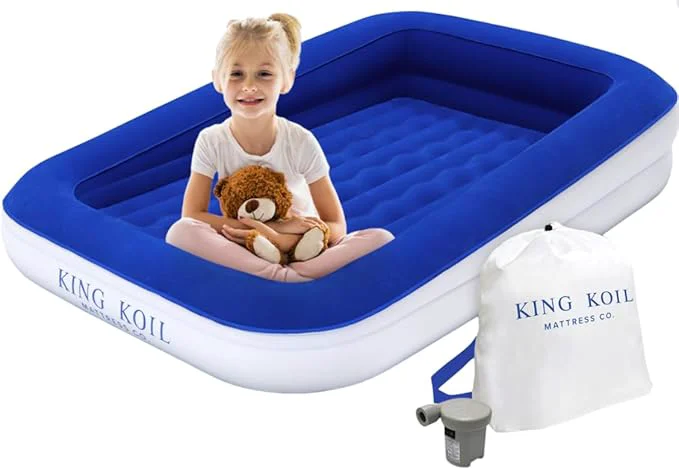 Easy-to-Use King Koil Luxury Toddler Inflatable Child Airbed Travel Bed with Built-in Safety Bumper Portable Air Mattress for Kids Includes High-Speed Pump – Blue Lightweight