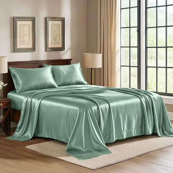 Genuine Satin Sheets California King 4-Piece Champagne Green Hotel Luxury Silky Bed Sheets – Extra Soft Microfiber Sheet Set Wrinkle Resistant – Deep Pocket Fitted Sheet Flat Sheet Pillow Cases Premium