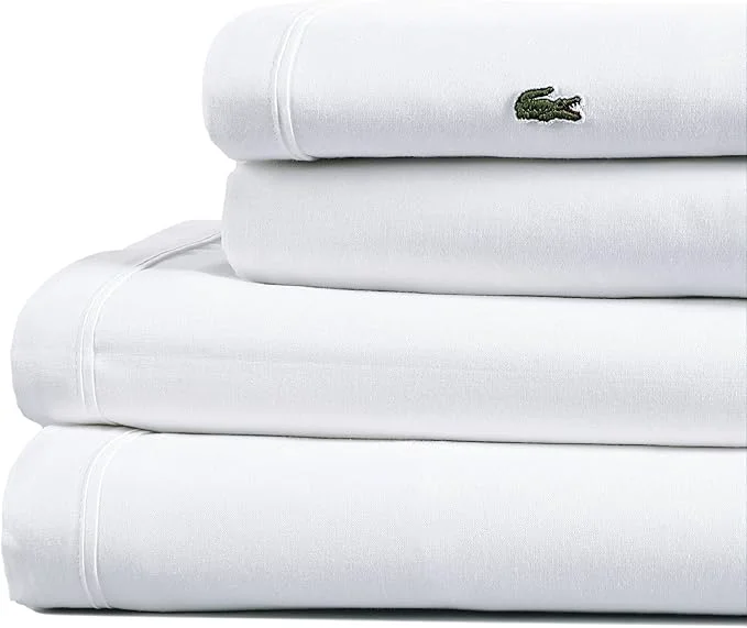 Elegant Lacoste Cotton Percale 4-Piece Sheet Set – Cool Crisp Matte and Durable Oeko-Tex – Solid White Standard King Stylish