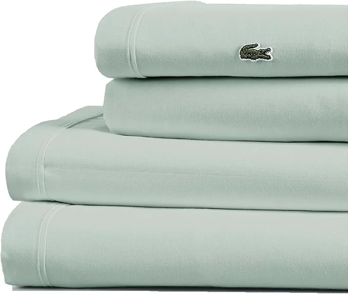 Trendy Lacoste Cotton Percale 4-Piece Sheet Set – Cool Crisp Matte and Durable Oeko-Tex – Solid Iced Mint California King Fine