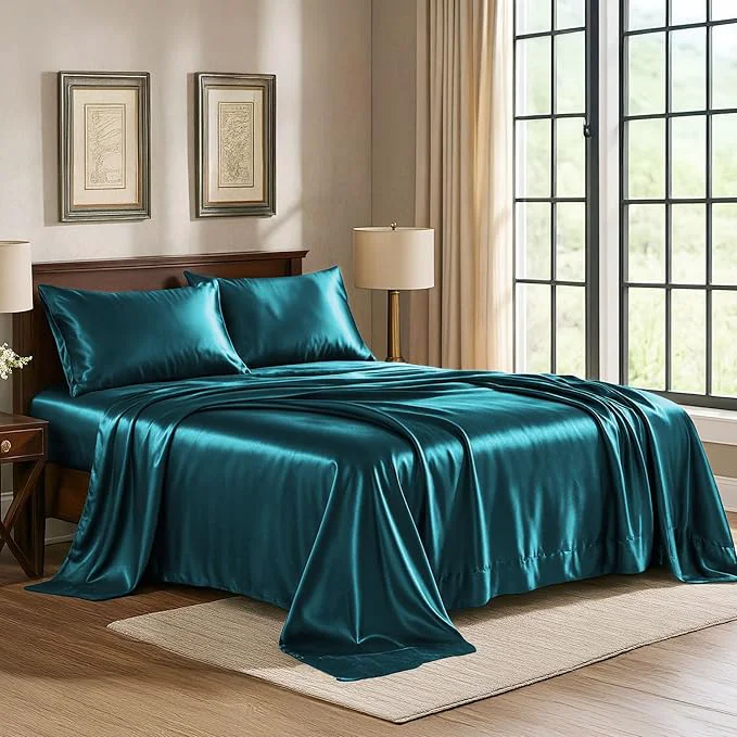Innovative Satin Sheets King 4-Piece Teal Hotel Luxury Silky Bed Sheets – Extra Soft 1800 Microfiber Sheet Set Wrinkle Fade Stain Resistant – Deep Pocket Fitted Sheet Flat Sheet Pillow Cases Easy-to-Use