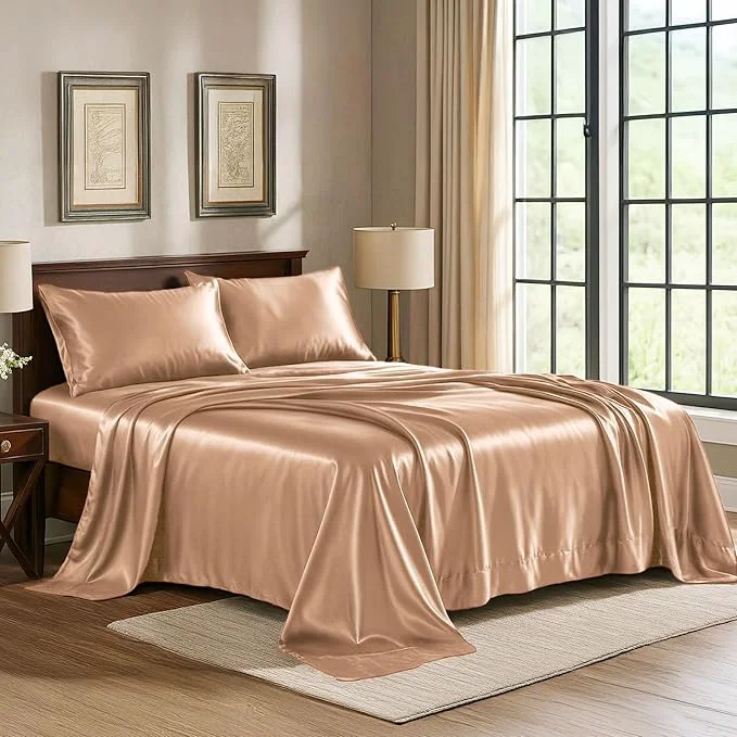 Detailed Satin Sheets King 4-Piece Rose Gold Hotel Luxury Silky Bed Sheets – Extra Soft 1800 Microfiber Sheet Set Wrinkle Fade Stain Resistant – Deep Pocket Fitted Sheet Flat Sheet Pillow Cases Expertly Made