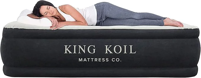 Fast King Koil Full Size Plush Pillow Top Inflatable Air Mattress with Built-in Pump High-Speed Pump for Home Camping Guests Luxury Double High Adjustable Blow Up Bed Waterproof 1-Year Warranty. Original Design