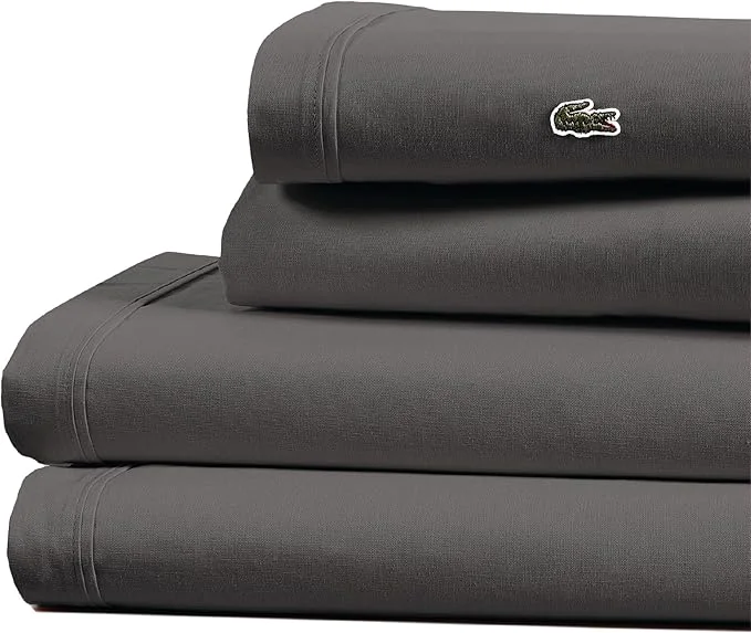 Fine Lacoste Cotton Percale 4-Piece Sheet Set – Cool Crisp Matte and Durable Oeko-Tex – Solid Dark Gray Full Green
