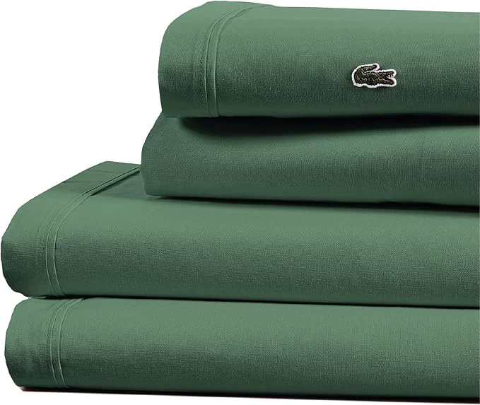 World-Class Lacoste Cotton Percale 4-Piece Sheet Set – Cool Crisp Matte and Durable Oeko-Tex – Solid Green King Exceptional
